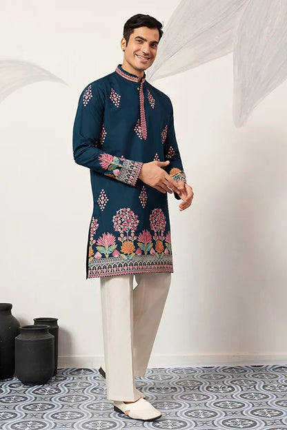 Indian Wedding Style Exclusive Teal Blue Kurta For Mens