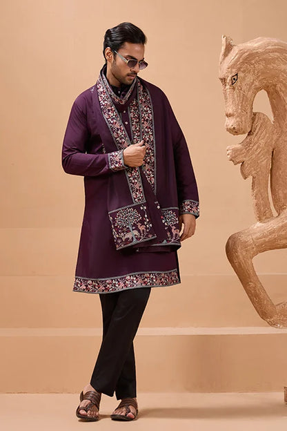 Ethnic Look Purple Kurta with Dupatta Mens Wear Special