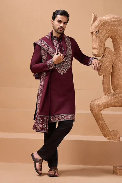 Latest Signature Maroon Kurta and Dupatta for Mens Wear