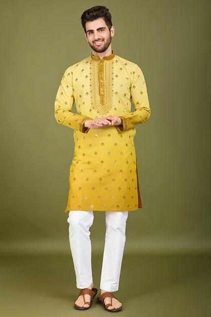 Designer Omber Yellow Viscose Silk Kurta For Men Online