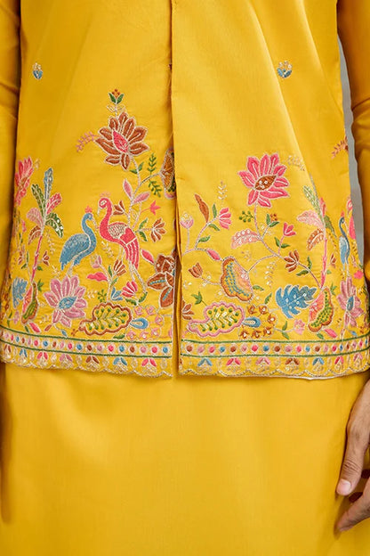 Designer Yellow Cotton Kurta With Koti Jacket Online