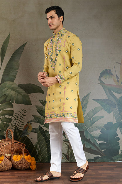 Embroidered Yellow Kurta For Men Wear