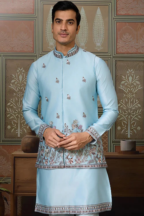 Sky Blue Embroidered Silk Koti Kurta Set for Mens