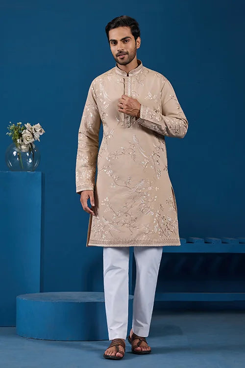 Elegant Beige Embroidered Viscose Silk Kurta for Mens