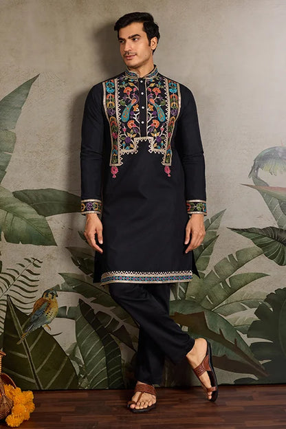 Designer Black Embroidered Mens Kurta for Wedding