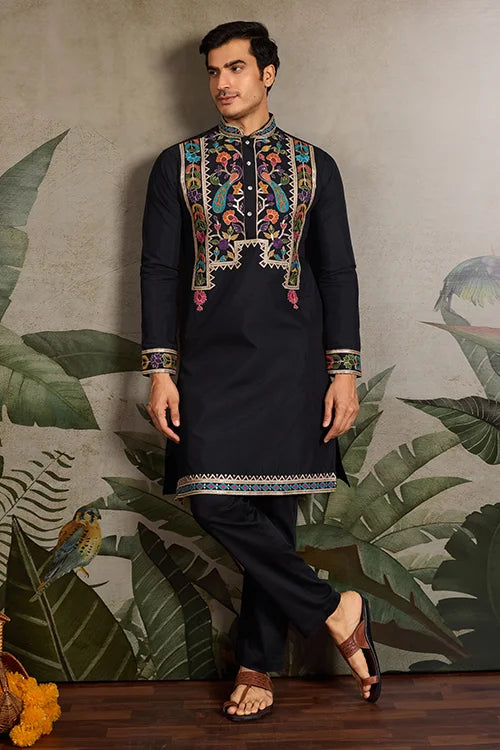Designer Black Embroidered Mens Kurta for Wedding