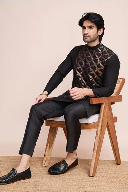 Traditional Black Silk Kurta With Thread Work