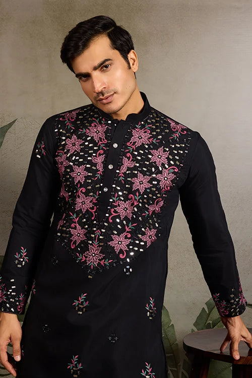 Black Mirror Work with Embroidered Kurta Set for Men