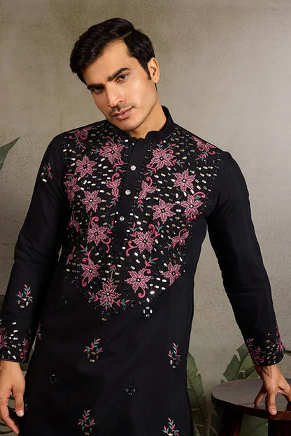 Black Mirror Work with Embroidered Kurta Set for Men