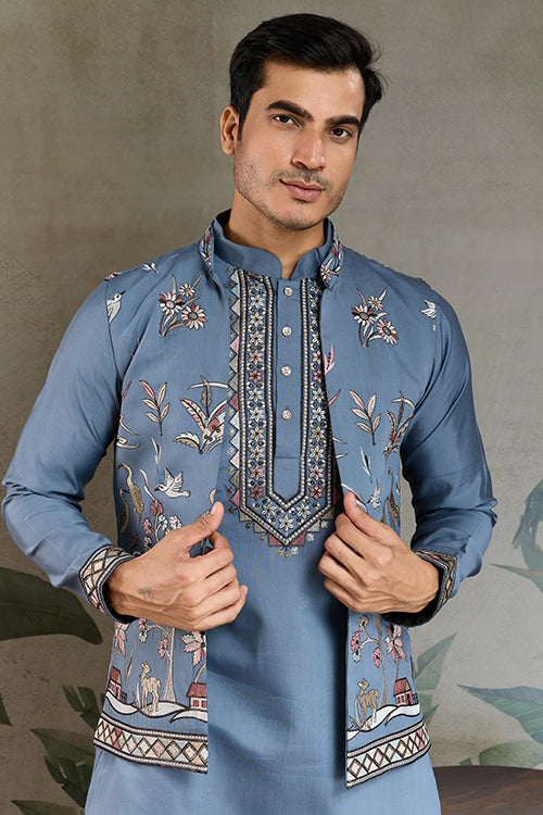 Blue Gray Open Koti Style Kurta Pajama Set For Men