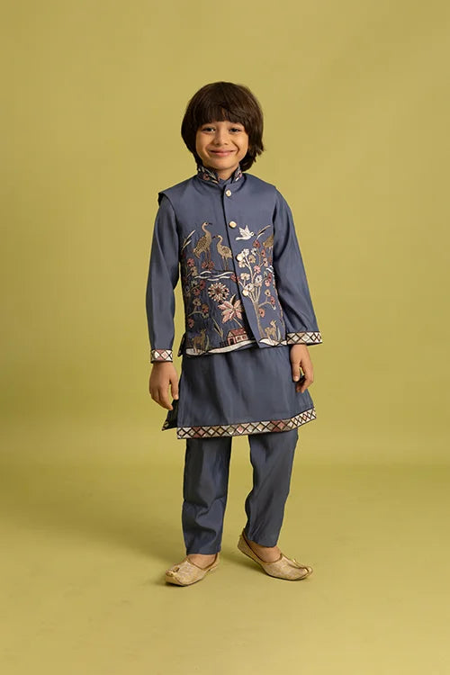 Wedding Special Kids Blue Grey Koti Kurta Outfit