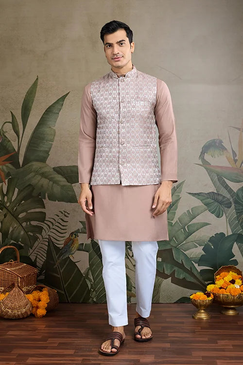 Ivory Roman Silk Kurta With Jacquard Koti Jacket