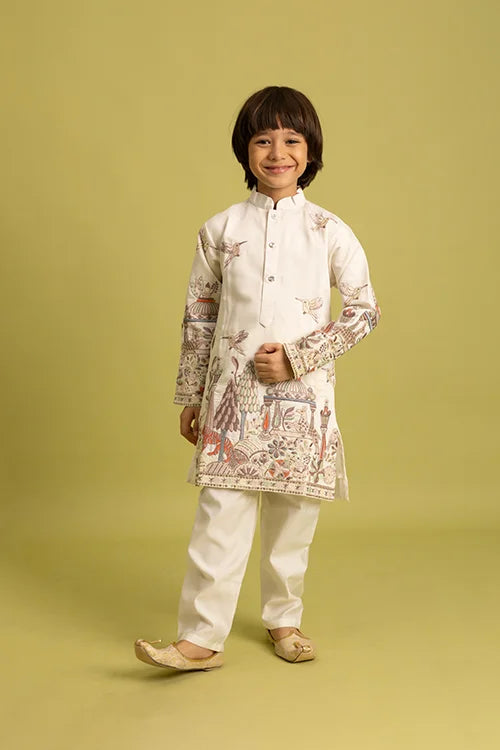 Vantara Designer Kids White Embroidered Kurta