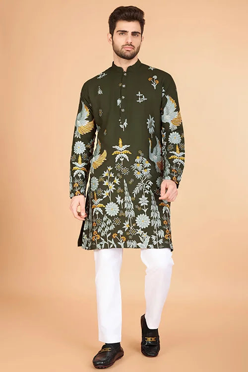 Olive Viscose Rayon Designer Men's Kurta For Festive