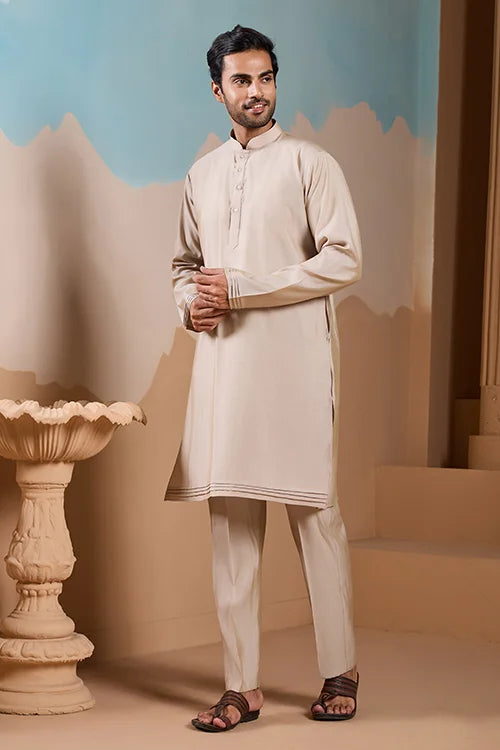 Elegant Fashionable Beige Koti Kurta Set for Mens Wear
