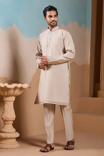 Elegant Fashionable Beige Koti Kurta Set for Mens Wear