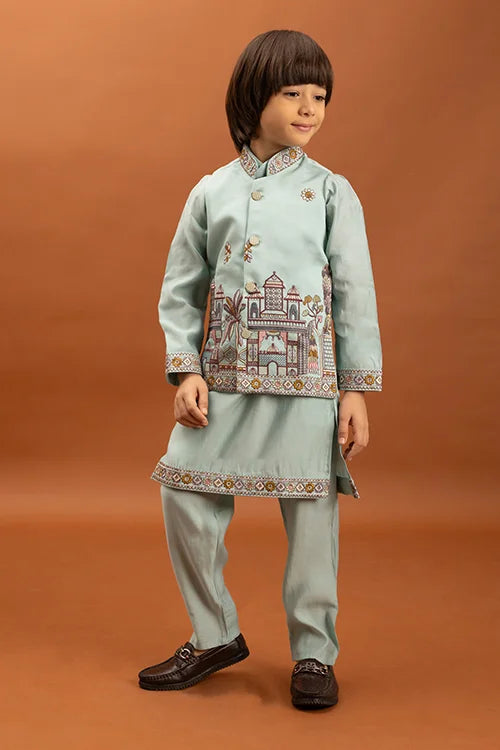 Wedding Sky Blue Koti Kurta Set for Kids 6-12 Yrs