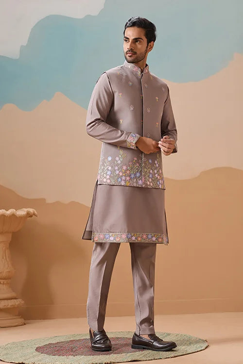 Elegant Grey Embroidered Koti Kurta Pant for Mens