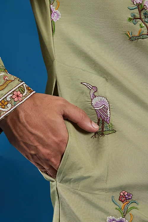 Traditional Pista Green Embroidered Kurta for Men