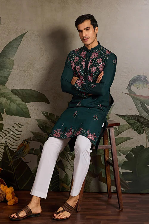 Party Look Green Mirror Embroidered Kurta Set for Men