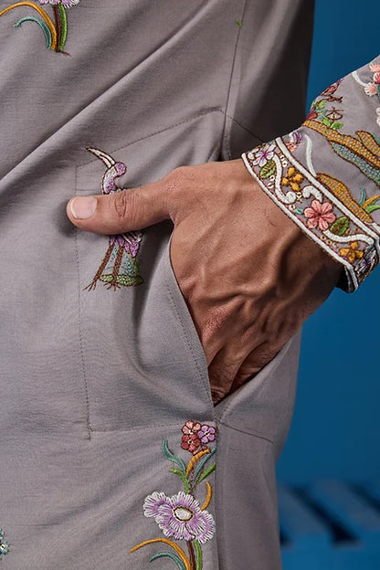 Classy Grey Embroidered Mens Kurta for Wedding Events