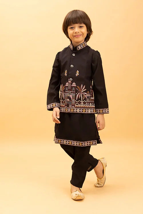 Premium Black Koti Kurta Set for Kids Boys 6-12 Years