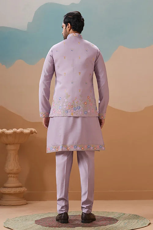 Trendy Lavender Wedding Celebration Beige Kurta Koti Pant Mens