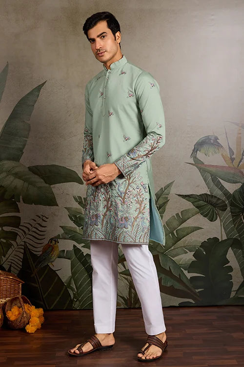 Embroidered Pista Green Wedding Kurta for Mens