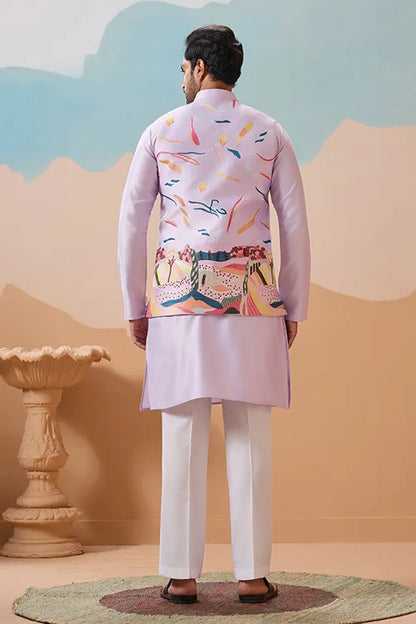 Lavender Wedding Carnival Koti Kurta Set for Mens