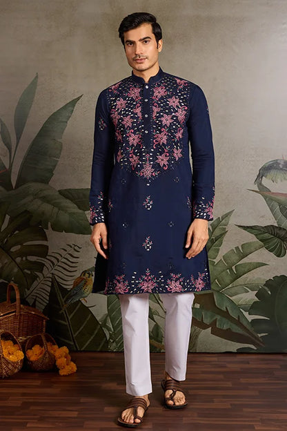 Wedding Special Navy Blue Embroidered Mens Kurta Set