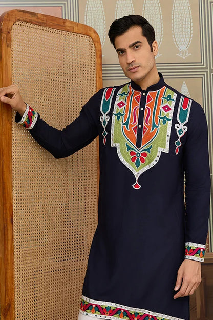 Navy Blue Embroidered Festival Wear Kurta for Men