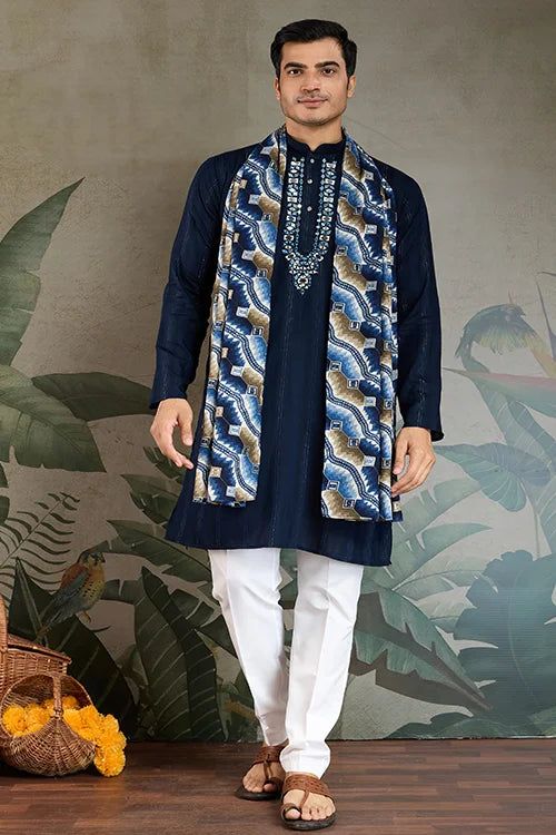 Elegant Navy Blue Mens Wear Kurta Set with Dupatta