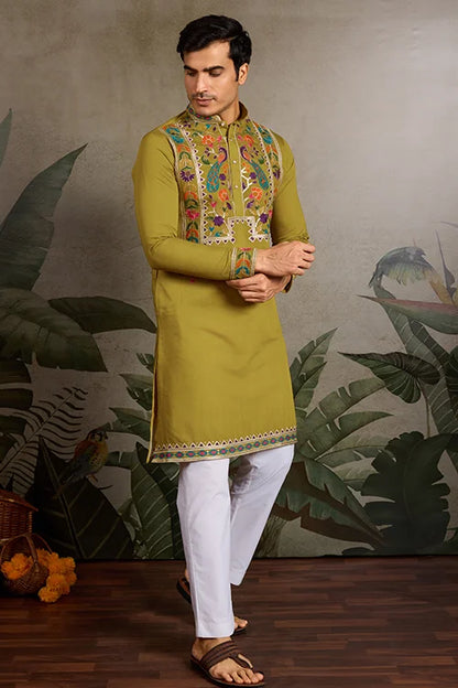 Festive Wear Flourescent Green Embroidered Kurta for Men