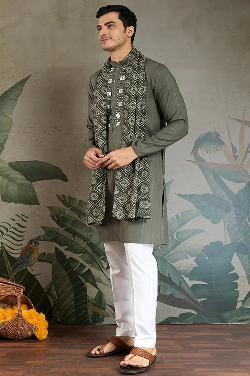 Premium Olive Green Mirror Work Kurta with Dupatta for Occasions