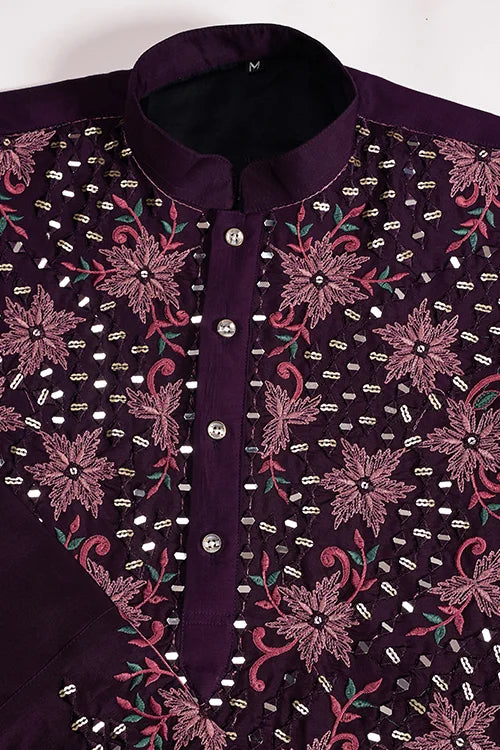 Designer Purple Mirror Work Kurta Set for Mens Wear
