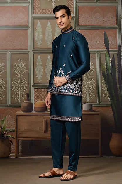Traditional Teal Blue Koti Kurta Set for Mens Wear