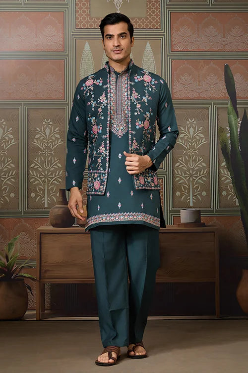 Premium Designer Green Koti Kurta Pair for Men