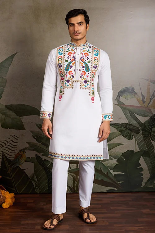White Embroidered Mens Kurta for Special Events