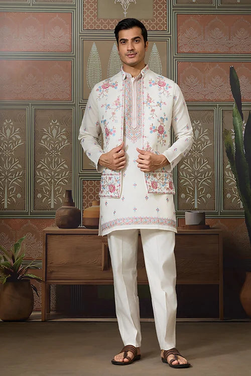 Ethnic White Embroidered Koti Kurta Set for Men