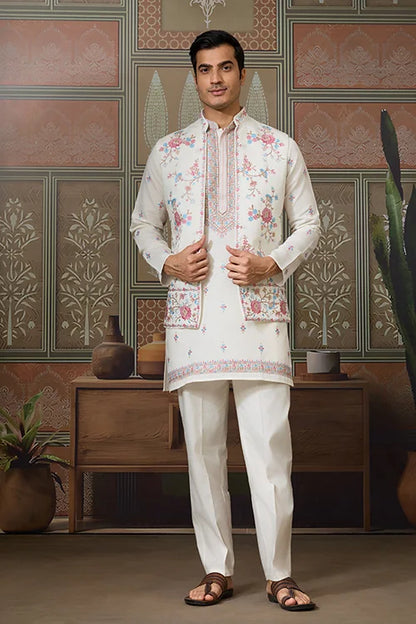 Ethnic White Embroidered Koti Kurta Set for Men