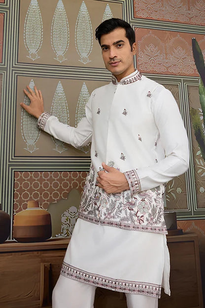Latest Embroidered Designer White Koti Kurta Set for Mens