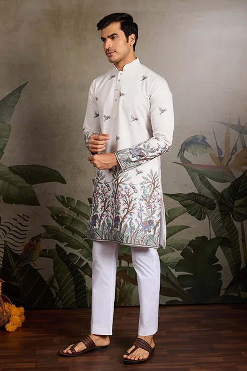White Embroidered Work Kurta for Groom Wedding Look