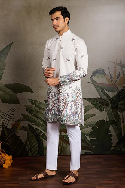 White Embroidered Work Kurta for Groom Wedding Look