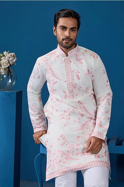 Classic White Viscose Silk Festive Kurta for Mens