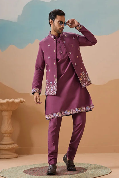 Dusty Color Embroidered Koti Kurta with Pant for Mens