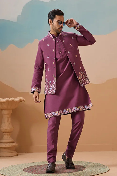 Dusty Color Embroidered Koti Kurta with Pant for Mens
