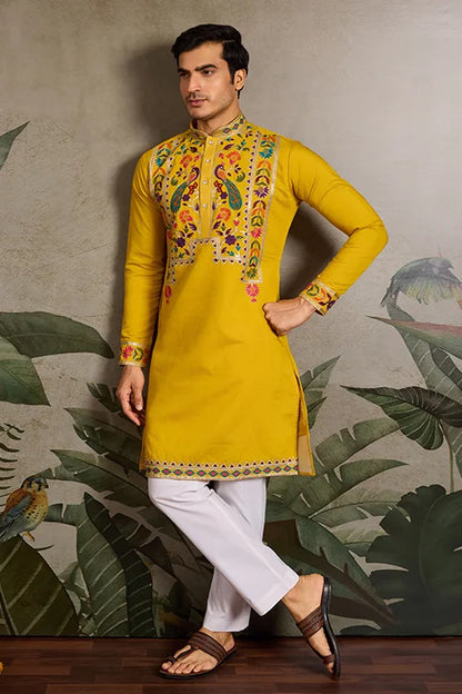 Haldi Special Yellow Embroidered Kurta for Men