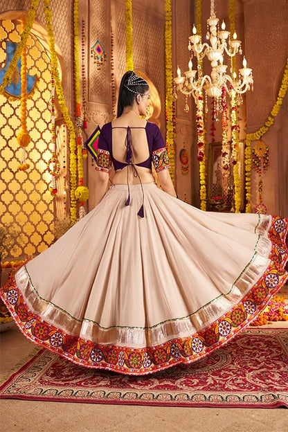 Thread Embroidered Beige Chaniya Choli For Garba Night