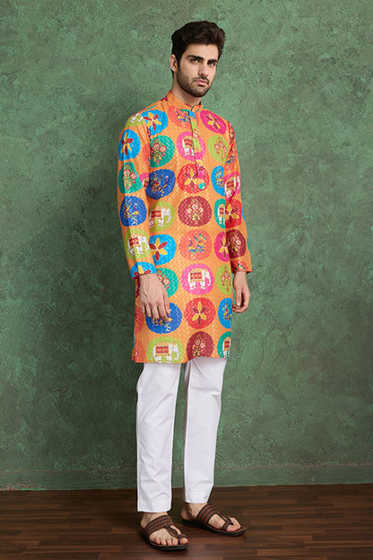 Multi Color Print With Embroidered Kurta And Pajama For Men