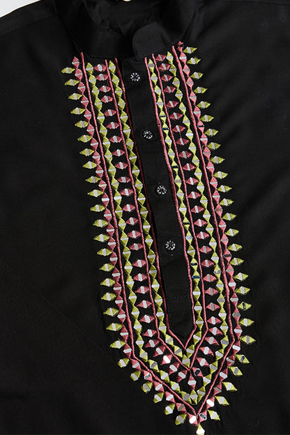 Wedding Special Black Mirror Work Kurta With Dupatta For Men